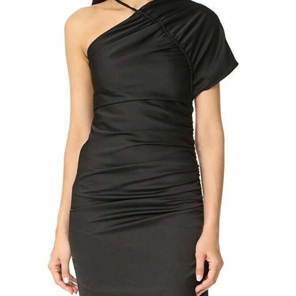 Keepsake Chandelier Black Ruched Asymmetrical Poly Satin Sheath Dress Size M